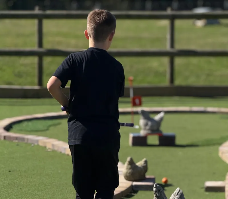Child playing mini golf on an outdoor course with chicken-shaped obstacles
