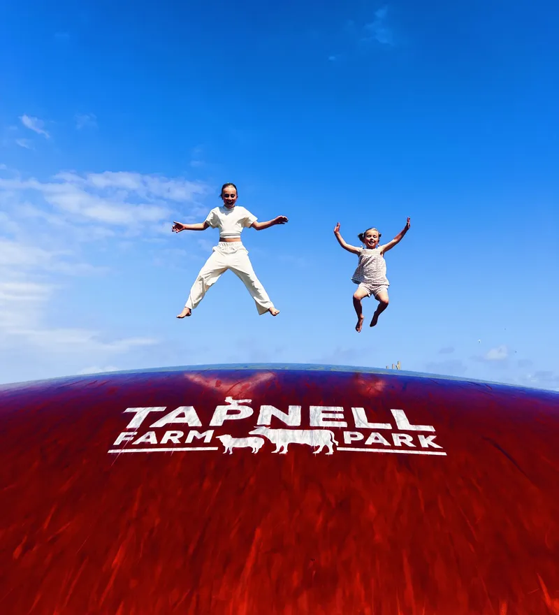 Two children jumping on a large red inflatable jumping pillow at Tapnell Farm Park under a bright blue sky