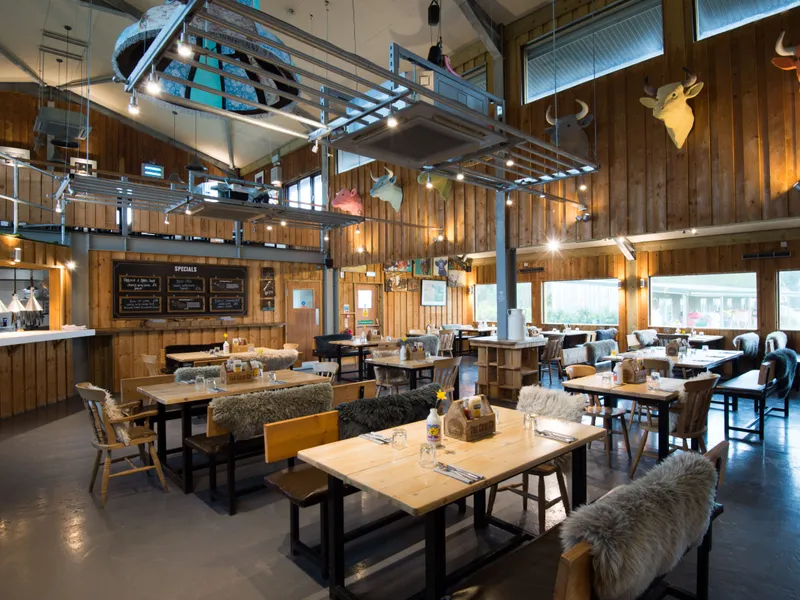 Interior of The Cow Restaurant & Bar with wooden walls, cosy seating and cow head wall sculptures