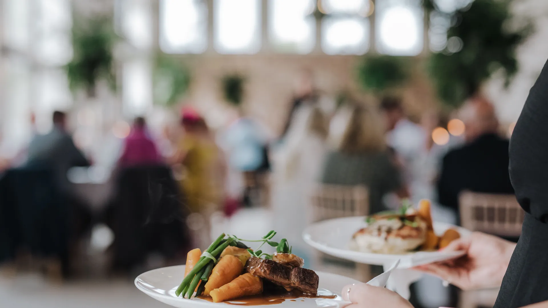 Server carrying plated main course with beef, carrots and green beans in a bright dining room