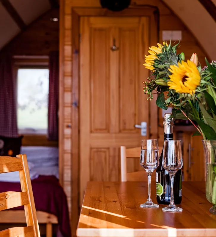 Cosy wooden cabin interior with a dining table, wine glasses and a vase of sunflowers