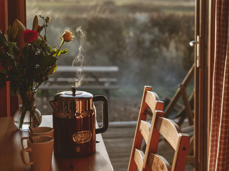 Sunlit table with steaming kettle, mugs and flowers by an open window overlooking countryside