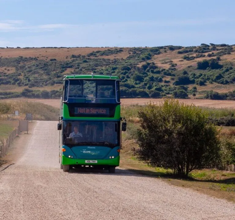 Green double-decker bus driving along a gravel road through rolling countryside