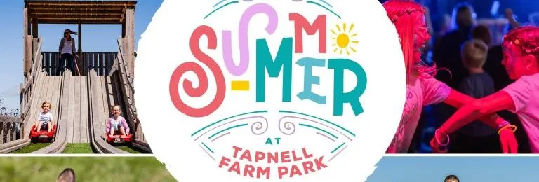 Promotional collage for Summer at Tapnell Farm Park with families on rides, children playing, and farm animals, showing dates 26 July to 31 August.