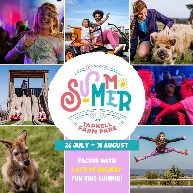 Promotional collage for Summer at Tapnell Farm Park with families on rides, children playing, and farm animals, showing dates 26 July to 31 August.