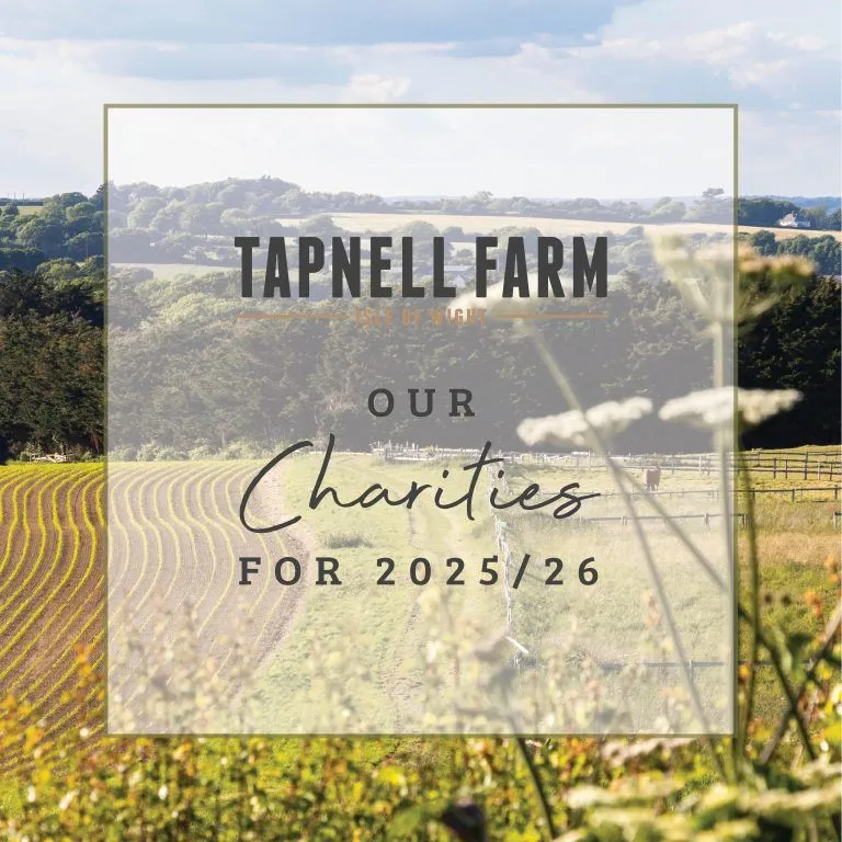 Tapnell Farm charities for 2025/26 announcement over a countryside landscape