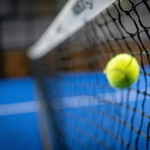 Close-up of a tennis ball near the net on a blue court