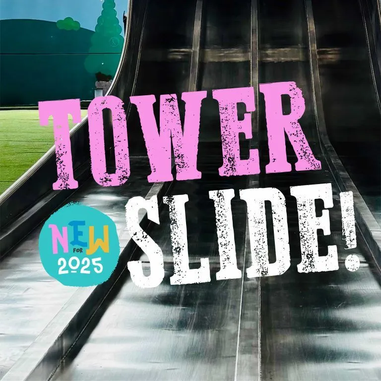 Tower slide with text overlay reading 