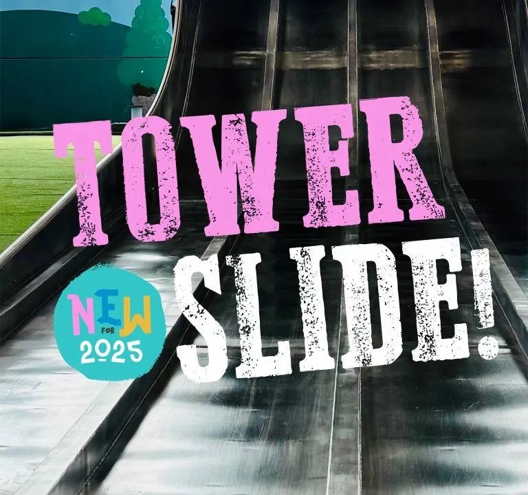 Tower slide with text overlay reading 