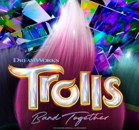 Trolls Band Together film title with colourful, sparkling background and troll hair