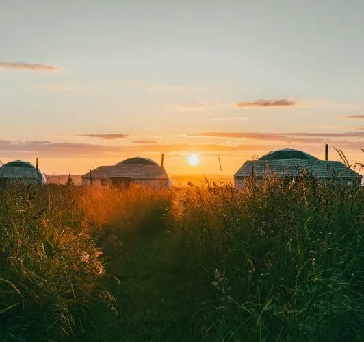 Sunset over Dome Meadow with glamping domes and tall grass