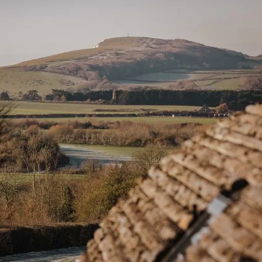 Rolling countryside with a hill in the distance and a tiled roof in the foreground