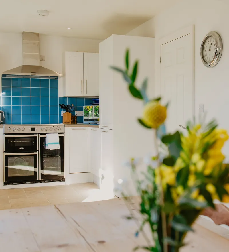 Bright cottage kitchen with white cabinets, blue tiled splashback and double oven, viewed past a vase of yellow flowers