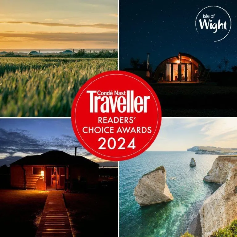 Collage of Isle of Wight landscapes and glamping pods with a Condé Nast Traveller Readers’ Choice Awards 2024 badge