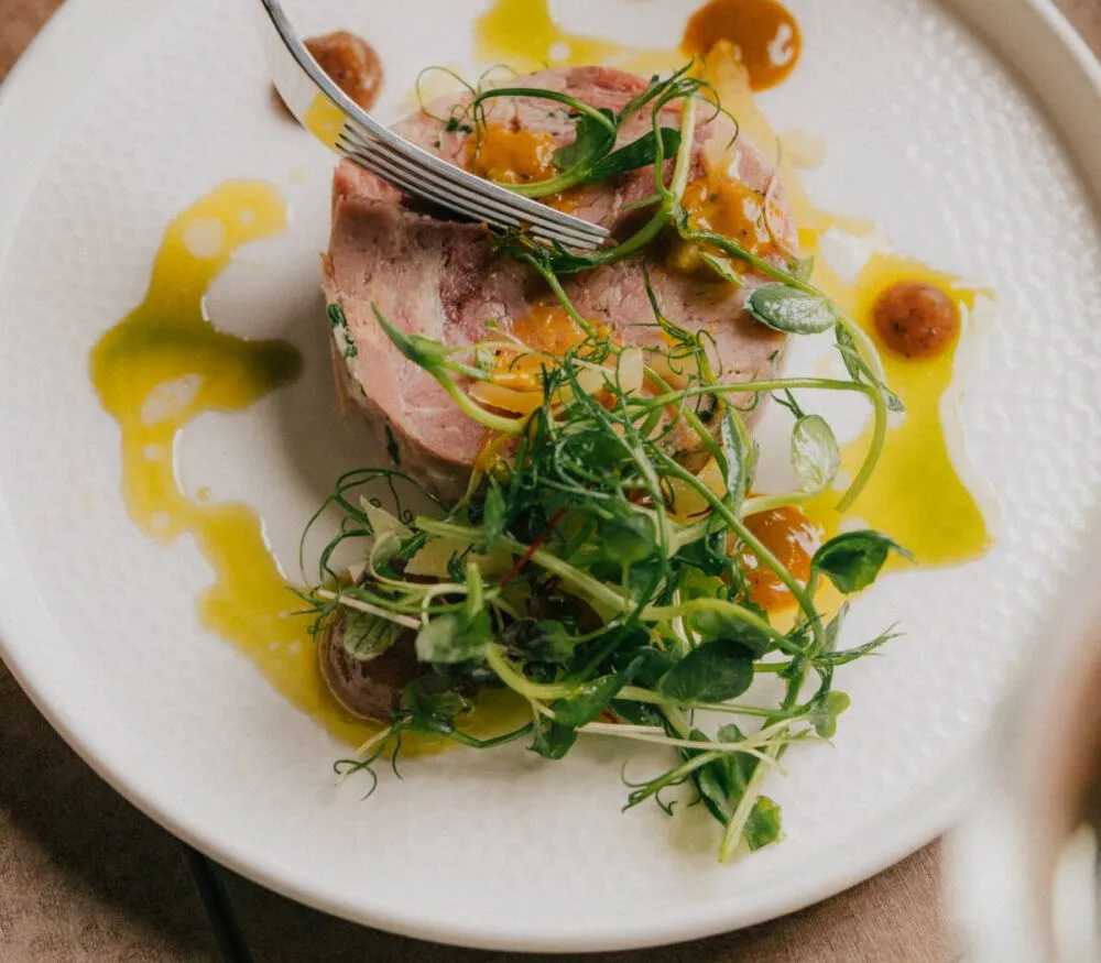 Hand holding a fork over a plated meat terrine with microgreens and golden sauce on a white plate.