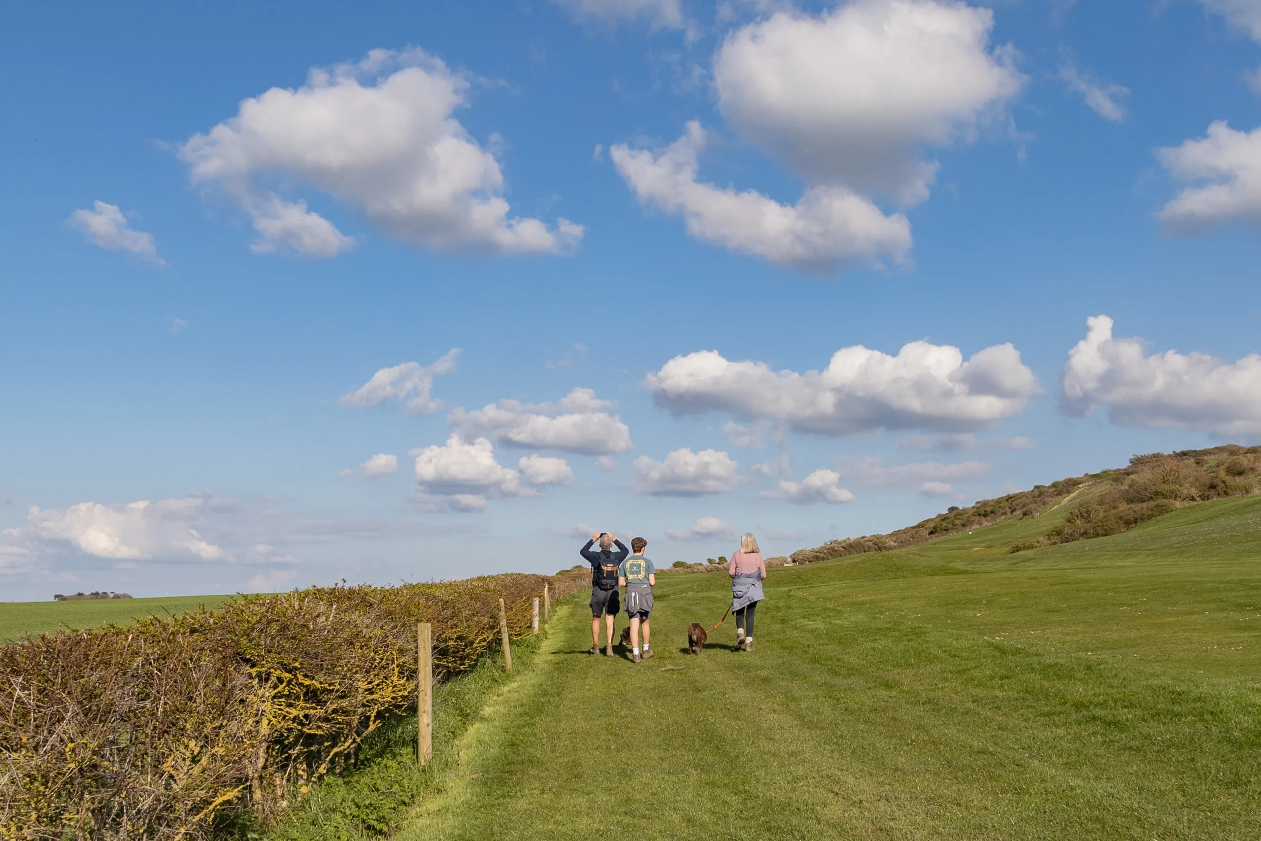 Three people walking a dog along a grassy trail at The Tapnell Trail on the Isle of Wight under a bright blue sky with scattered clouds.