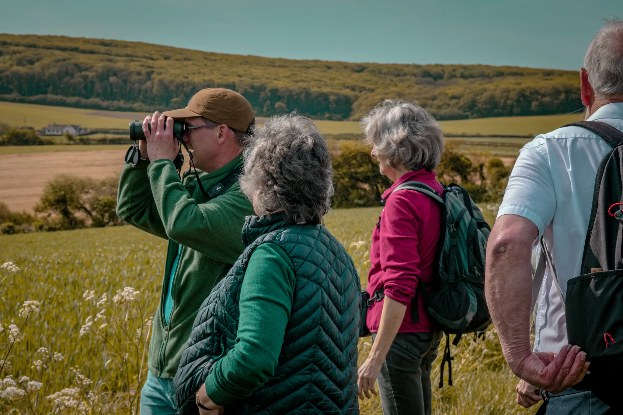 Group of walkers in a grassy field, with one person using binoculars to look across the countryside