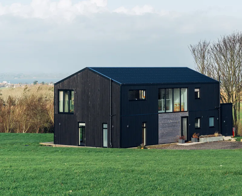 Modern black-clad house in a grassy rural landscape with leafless trees and a pale blue sky