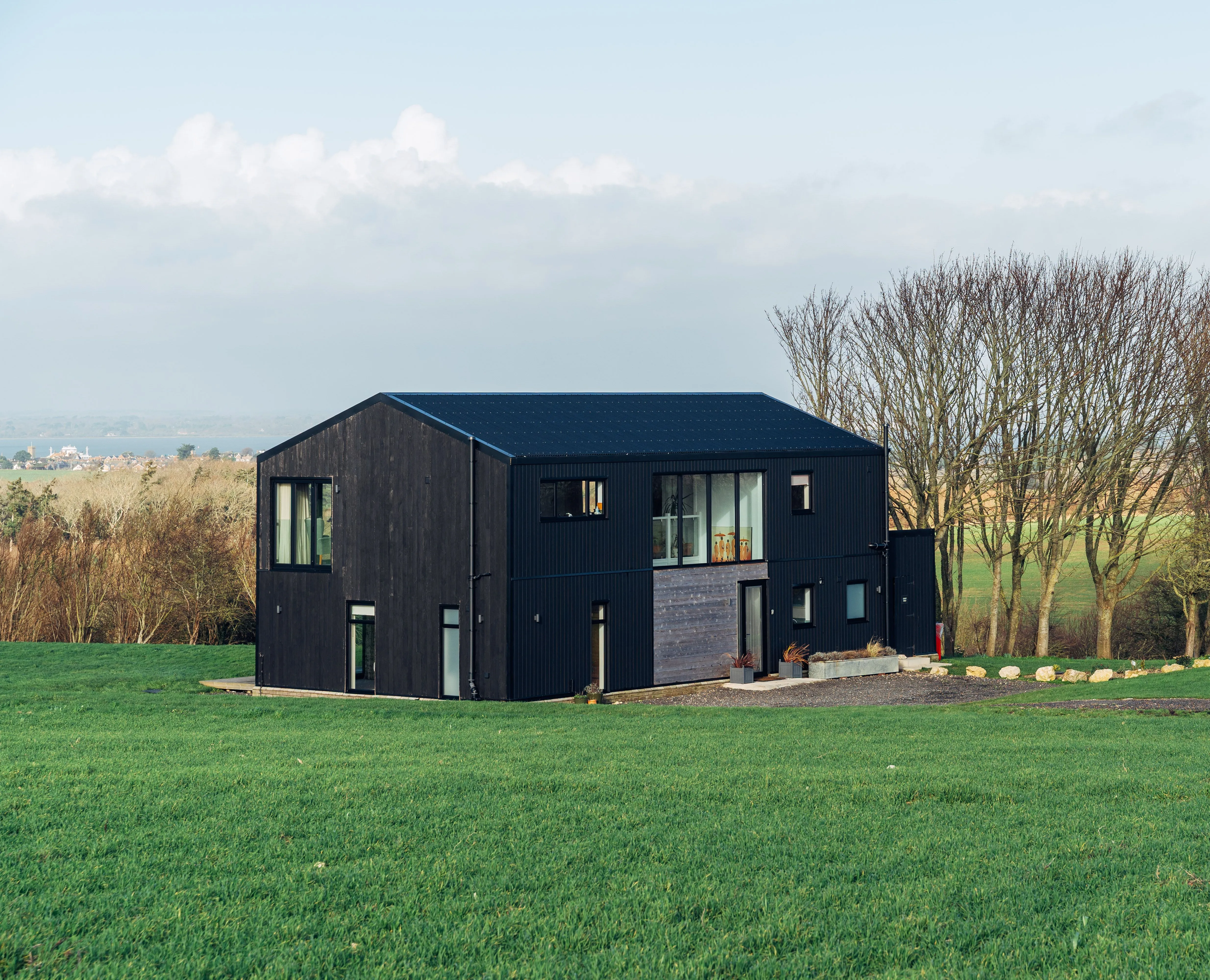 Modern black-clad house in a grassy rural landscape with leafless trees and a pale blue sky