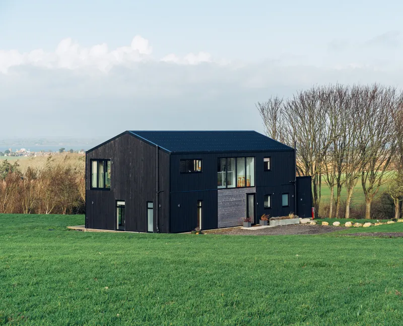 Modern black-clad house in a grassy rural landscape with leafless trees and a pale blue sky
