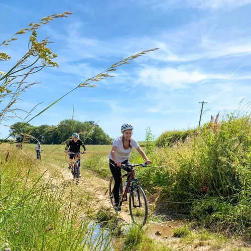 Cyclists riding along a grassy countryside trail with a shallow stream under a bright blue sky