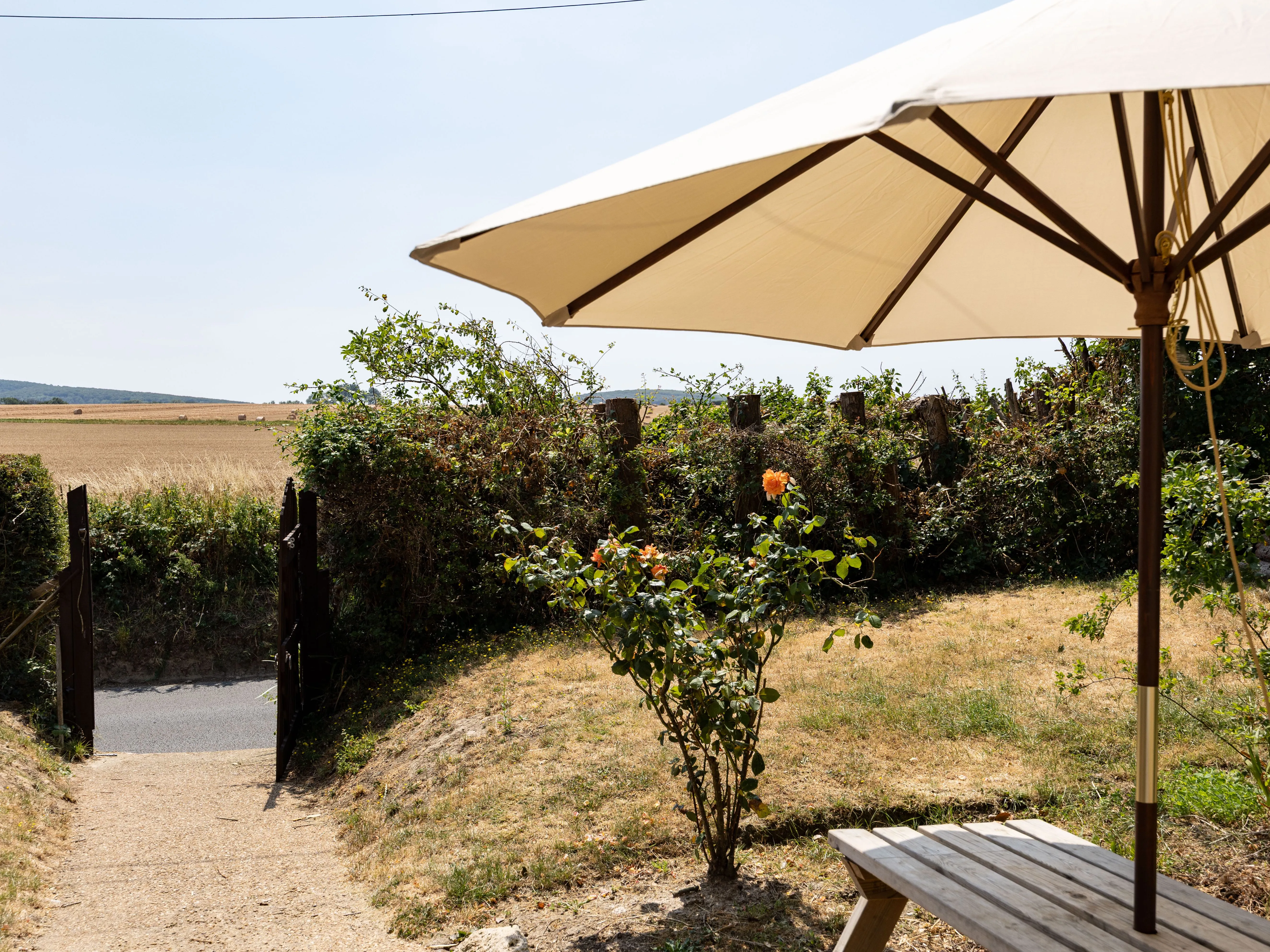Sunny cottage garden with a parasol, picnic bench and open gate overlooking harvested fields.