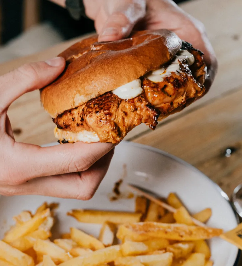 Hands holding a grilled chicken sandwich with melted cheese above a plate of chips.