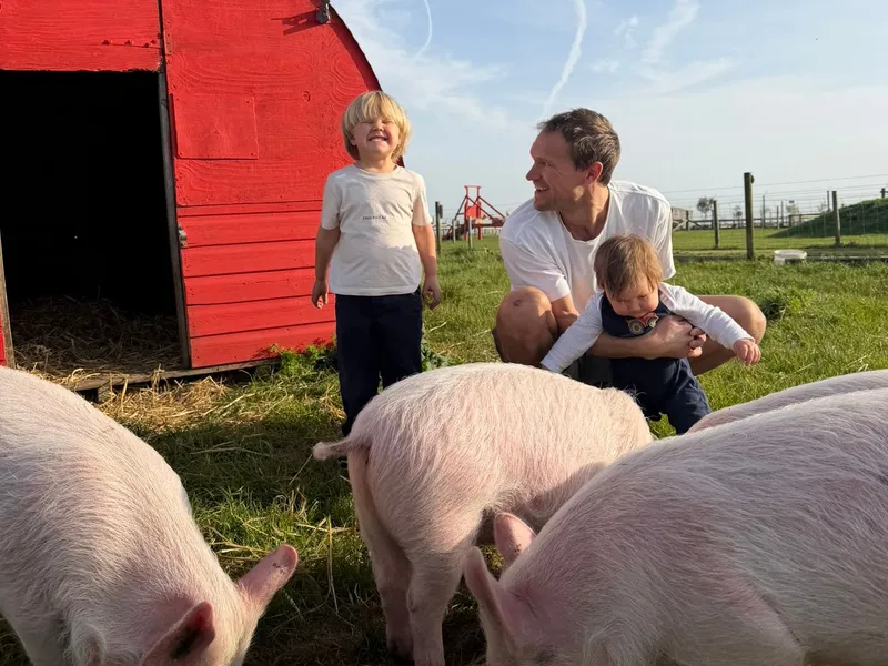 Adult and two children with pigs beside a bright red pig shelter in a grassy farm field.