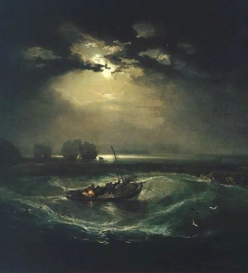 Moonlit stormy sea with fishing boats riding illuminated waves beneath dramatic clouds