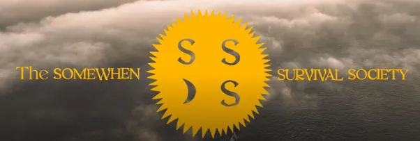 Golden sunburst emblem with stylised letters over misty mountain clouds, flanked by the words The Somewhen Survival Society.