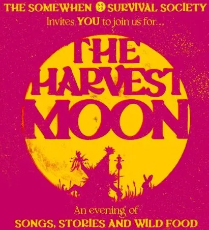 Magenta and yellow poster for The Harvest Moon, featuring a large moon and harvest-themed silhouettes.