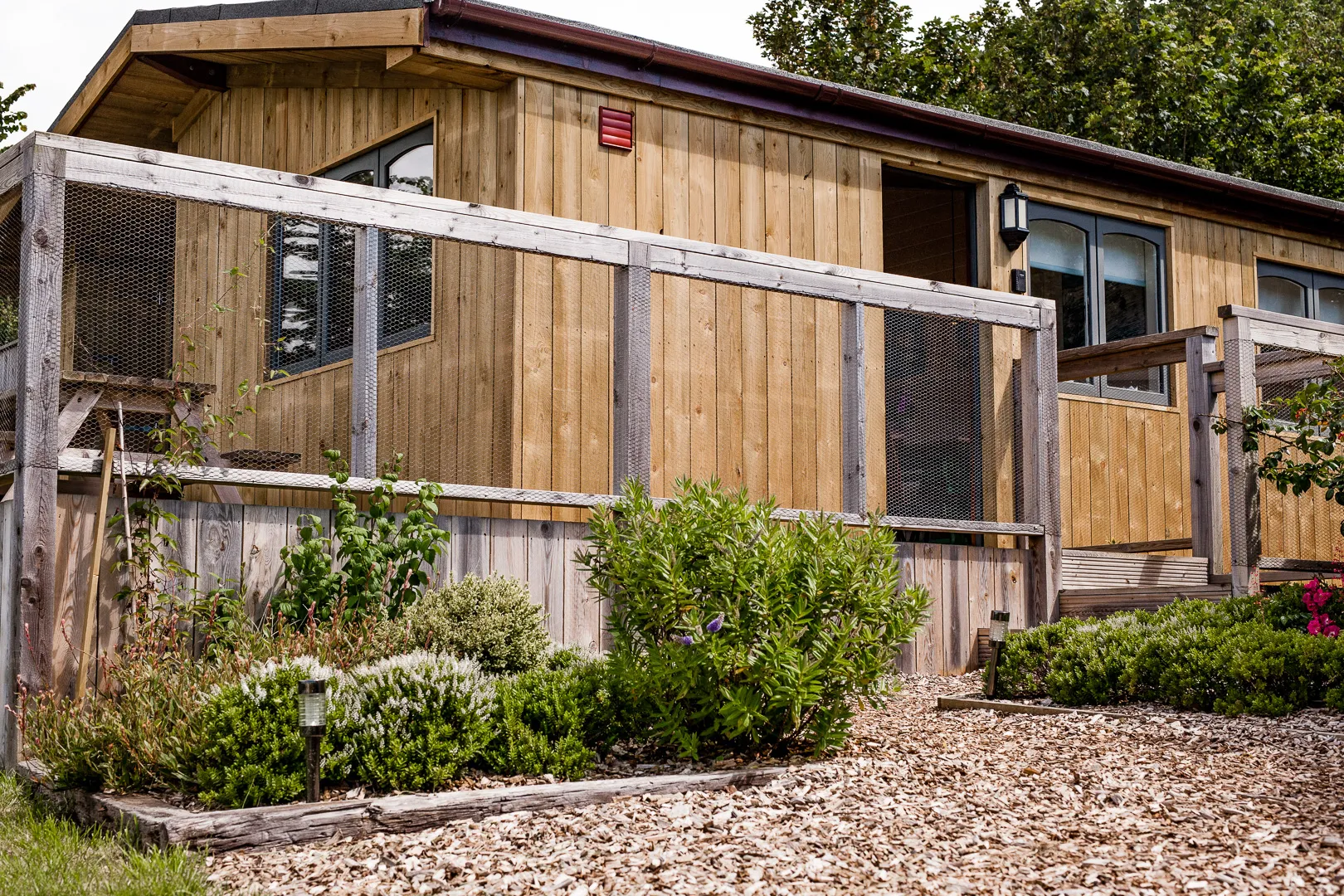 Modern timber lodge with mesh-railed deck and landscaped garden