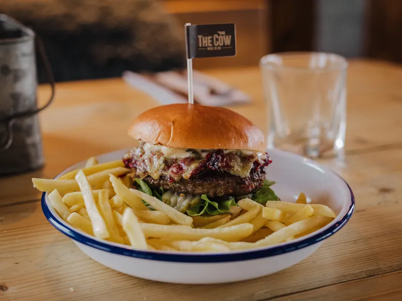 A cheeseburger with lettuce and sauce, served with French fries in a white enamel bowl on a wooden table.
