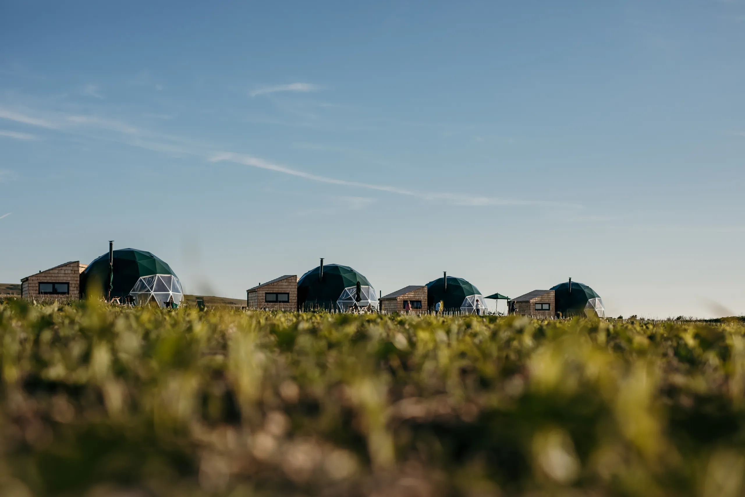 Low-angle view of geodesic dome cabins and small wooden huts on a grassy field under a clear blue sky