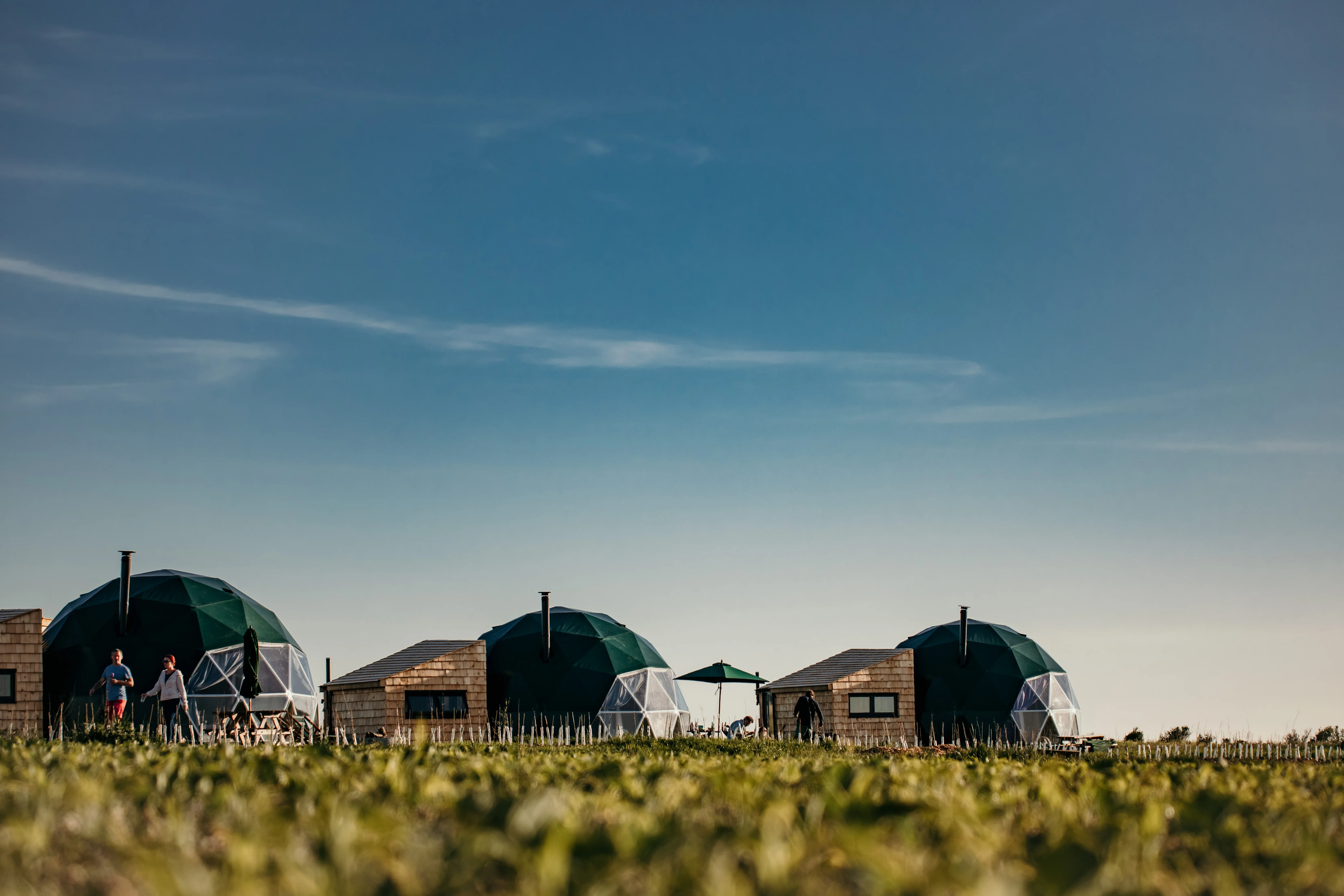 Three geodesic dome lodges with small wooden cabins on a grassy field under a wide blue sky