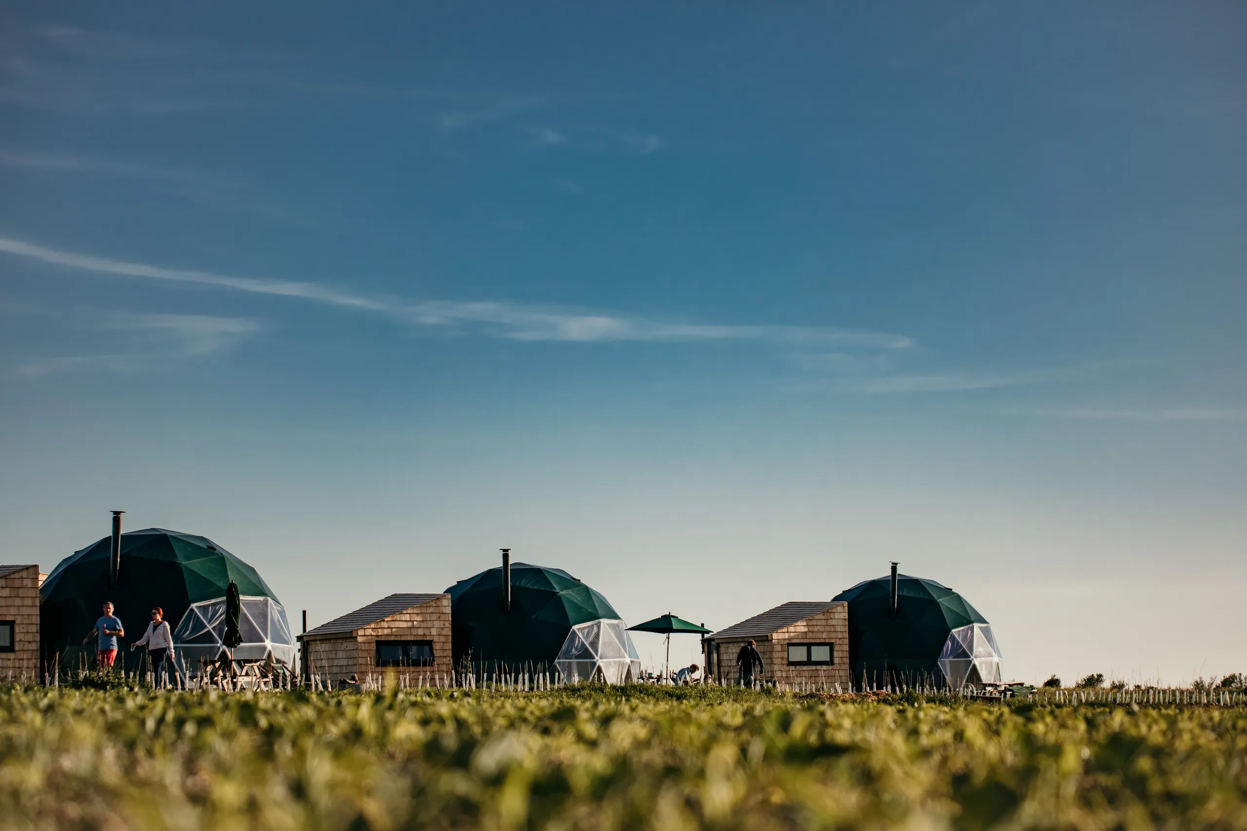 Three geodesic dome lodges with small wooden cabins on a grassy field under a wide blue sky