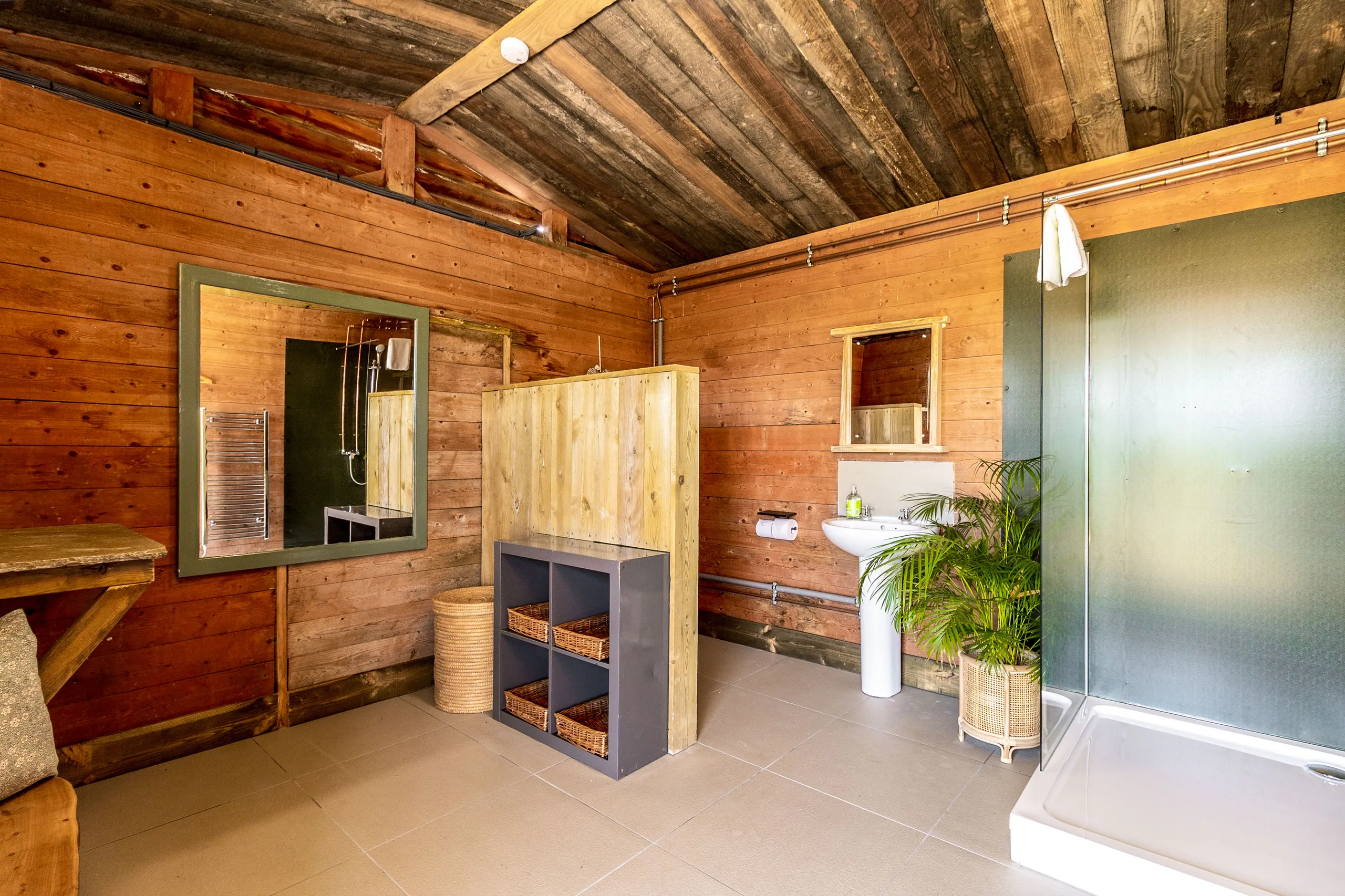 Rustic wooden bathroom with shower, basin, mirror and indoor plant