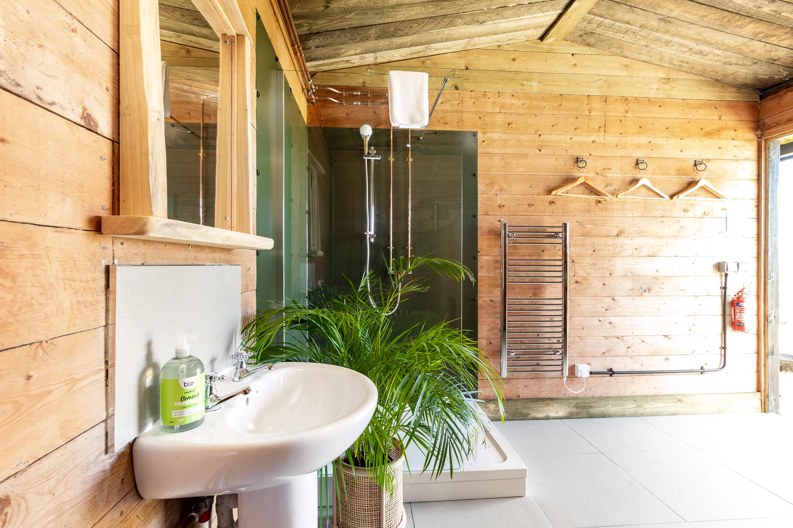 Rustic wooden bathroom with sink, glass-walled shower and potted palm
