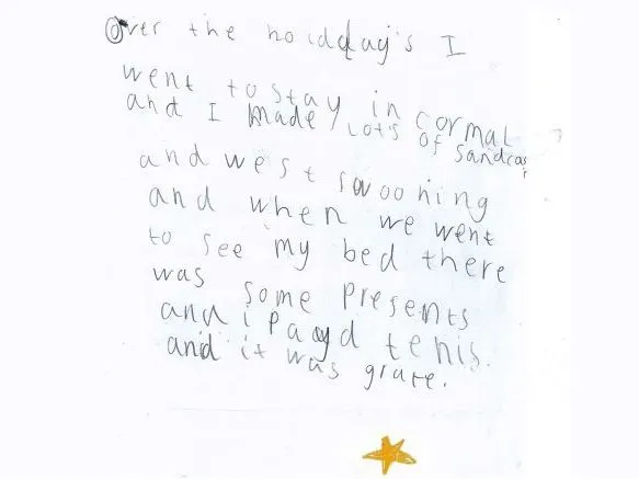 Child's handwritten journal entry about a holiday with family, presents and tennis, with a small gold star at the bottom.