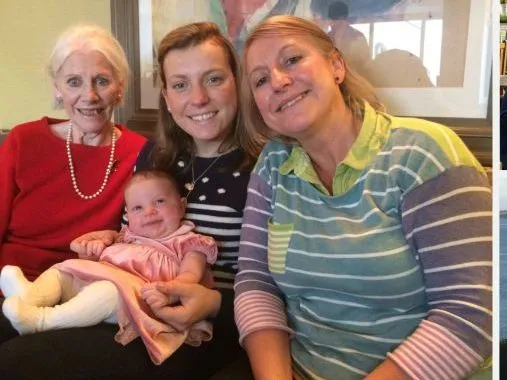 Family photo collage showing women of different generations, including an elderly woman, a mother holding a baby, and friends outdoors by the coast.