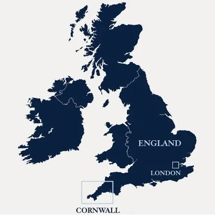 Dark navy vector map of Britain and Ireland with England, London and Cornwall labelled.
