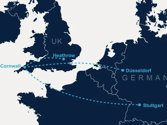Map showing flight routes from Düsseldorf and Stuttgart in Germany, plus Heathrow, to Cornwall in the UK.