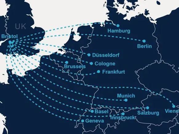 Map showing flight routes from Bristol to German-speaking cities in Germany, Austria and Switzerland.