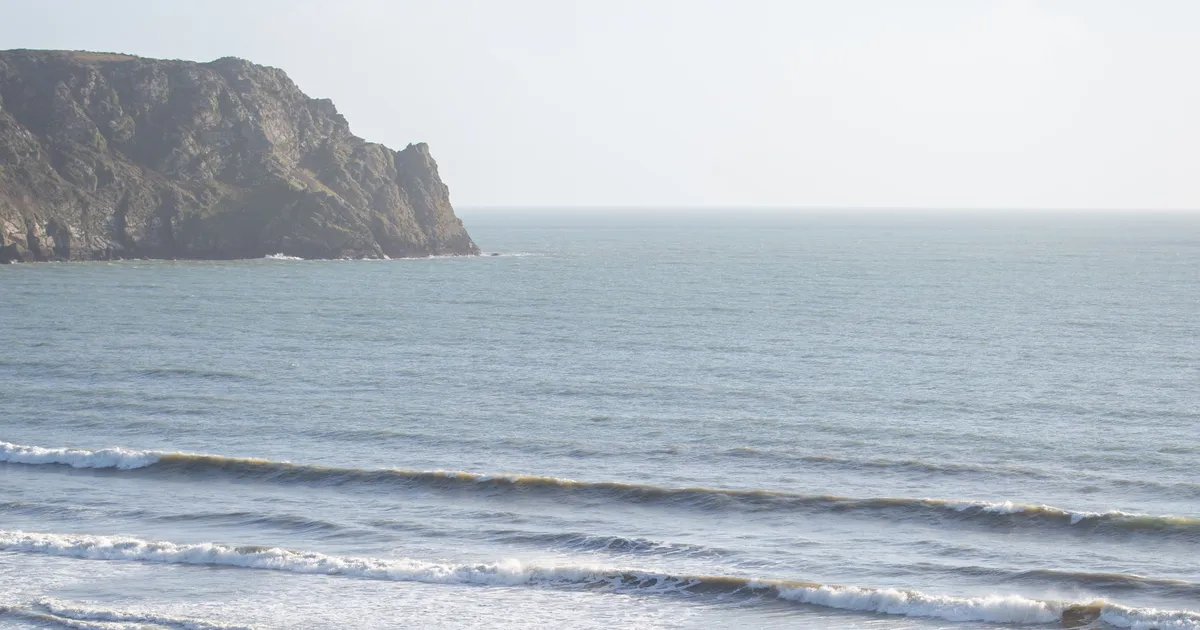 A person walking a dog on a wide sandy beach beneath a rocky headland, with gentle waves rolling in.