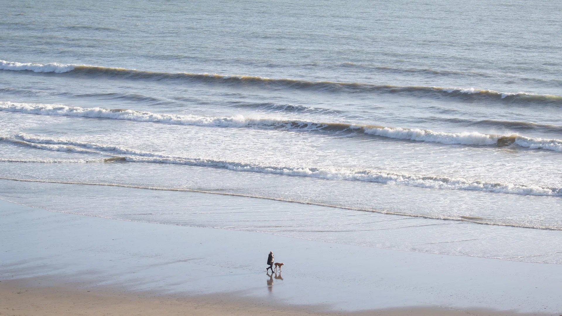 A person walking a dog on a wide sandy beach beneath a rocky headland, with gentle waves rolling in.
