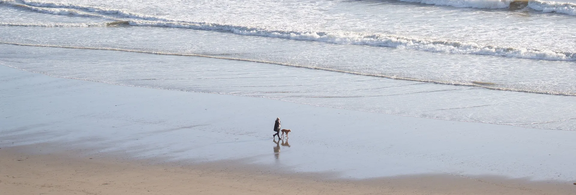 A person walking a dog on a wide sandy beach beneath a rocky headland, with gentle waves rolling in.