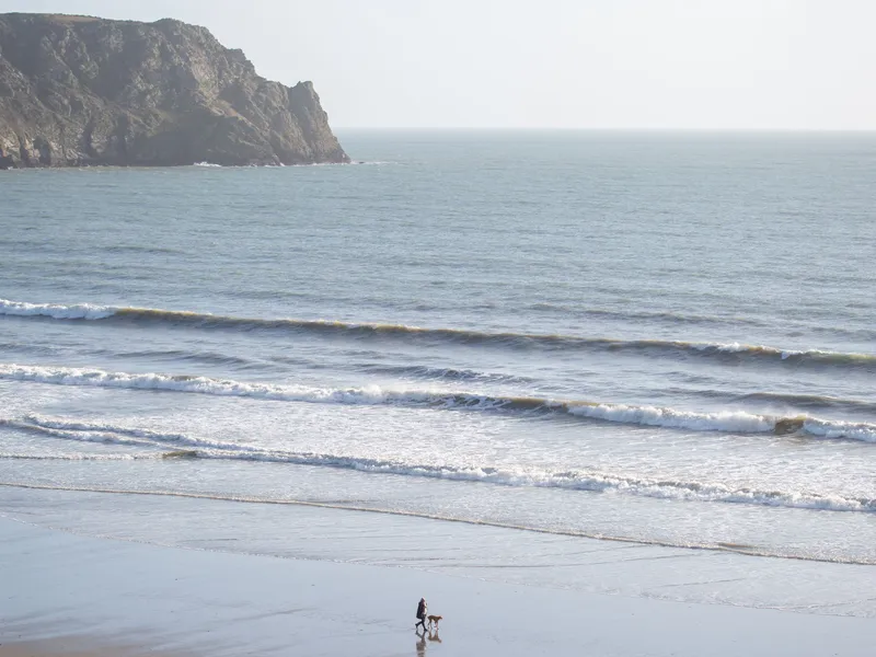 A person walking a dog on a wide sandy beach beneath a rocky headland, with gentle waves rolling in.