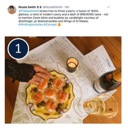 Two social media posts showing canapé platters, sparkling wine, candles and flowers at a hotel party.