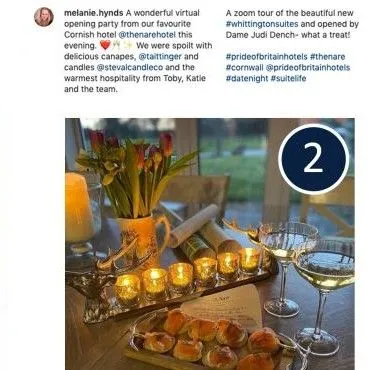 Screenshot of a social media post showing canapés, wine glasses, candles and flowers on a table.