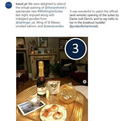 Social media post showing smoked salmon canapés, sparkling wine and a candle on a gold tray in a sitting room.